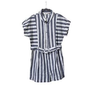 Umgee Striped Blue White Linen Blend Belted Short Sleeve Romper, Women's Large